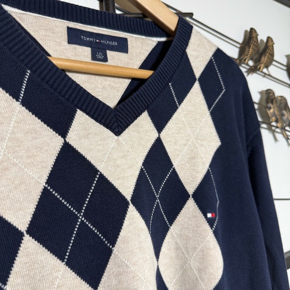 Tommy Hilfiger Mens Navy Beige Argyle V Neck Sweater 100% Cotton Size L - Picture 3 of 7